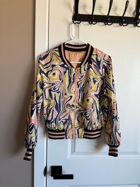 Boutique Pink Marble Print Bomber Jacket with Navy Trim